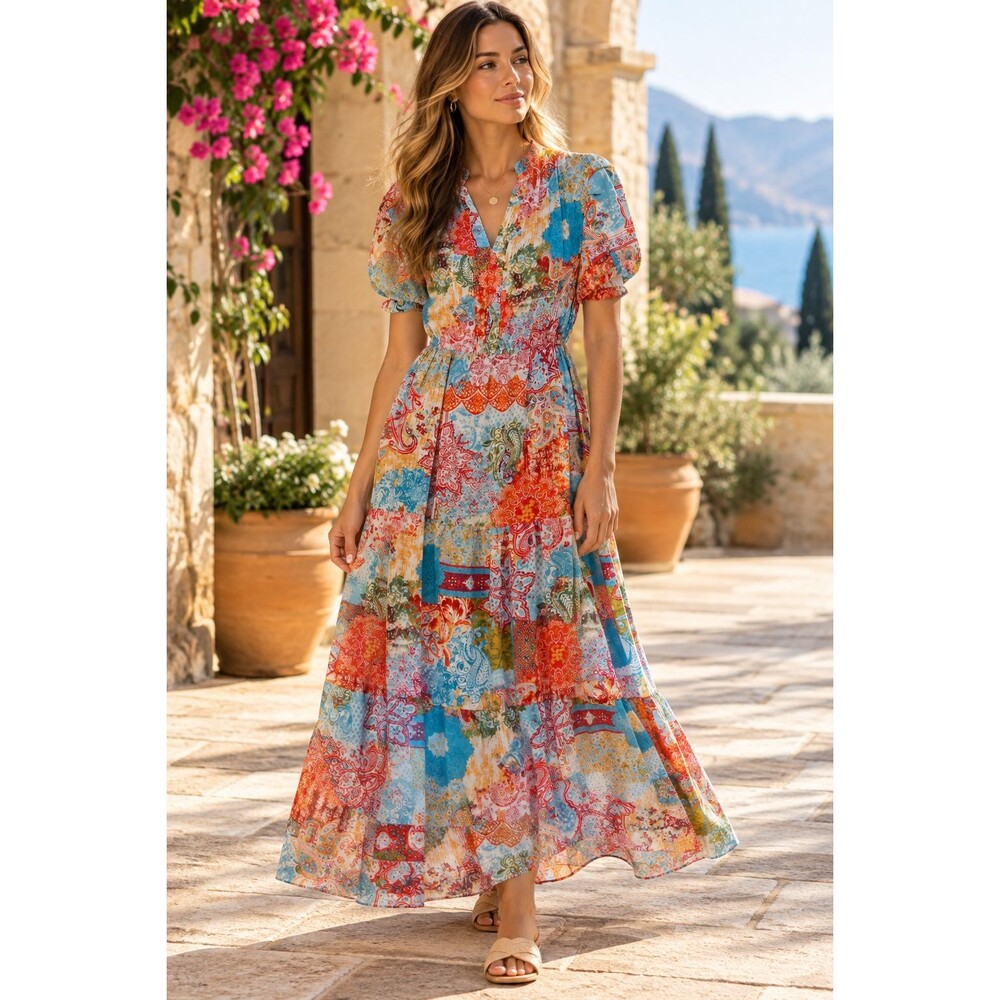 Cassee's Boho Paisley Maxi Dress M Puff Sleeve Tiered Rayon Resortwear